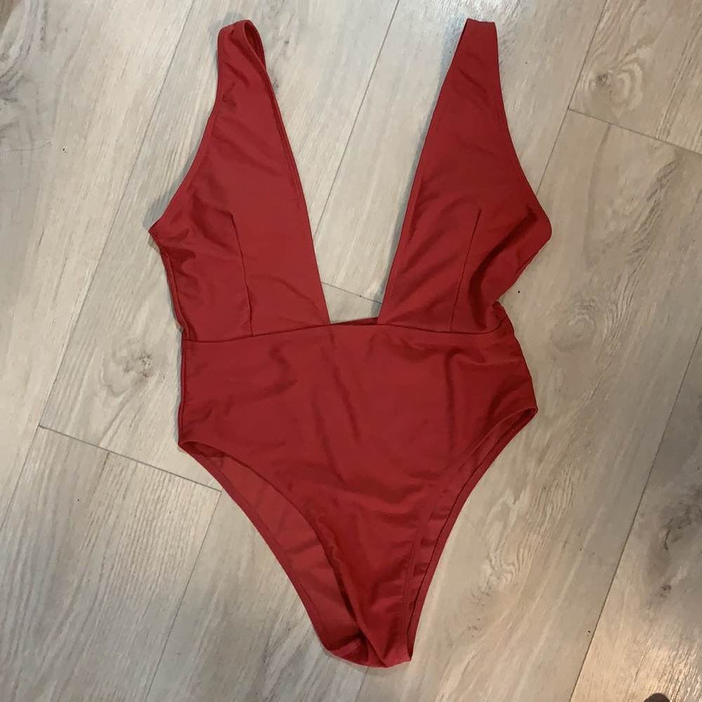 Deep V Burgundy One Piece Swimsuit